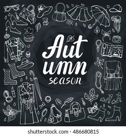 Autumn womens clothing,doodle sketch.Vector fachion.Women wear,lettering autumn season.