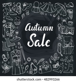 Autumn womens clothing,doodle sketch.Vector fashion.Women wear,lettering fall is coming.Outline elements for fall season with leaves.Fashion illustration.Autumn woman wardrobe.Poster,background