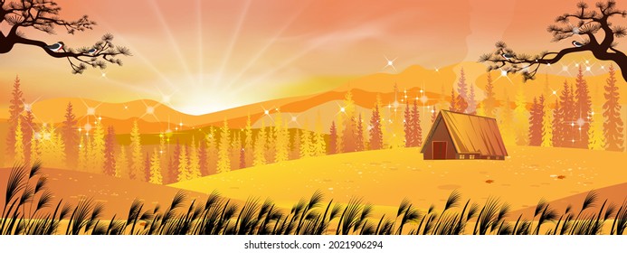 Autumn wonderland landscape with orange sky, sunset silhouettes of misty pine trees in forest with wood barn,Vector banner of rural  natural in minimalist style for Fall season background