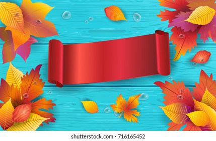 Autumn wood background with realistic fall maple tree leaves, water drops and red ribbon banner Thanksgiving, Halloween Holiday wallpaper with palace for text vector template Top View trendy wooden 3D