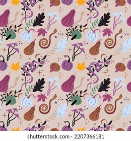 Autumn Wood Pattern With Snakes, Pumpkin, Mushrooms. Gothic Alchemy Vibes. Halloween Concept. 