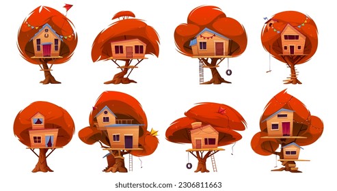 Autumn wood tree house with ladder vector cartoon illustration set. Wooden playground treehouse for children isolated on white background. Kids village playhouse or shelter fall drawing clipart