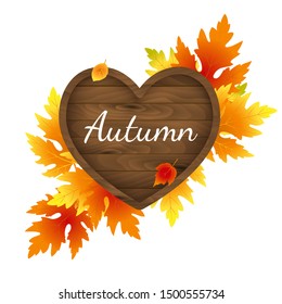 Autumn wooden board sign, banner, poster, label. Hello Autumn. Yellow foliage and wood frame design with text "Autumn". Thanksgiving  illustration, fall background, poster, harvest greeting card flyer