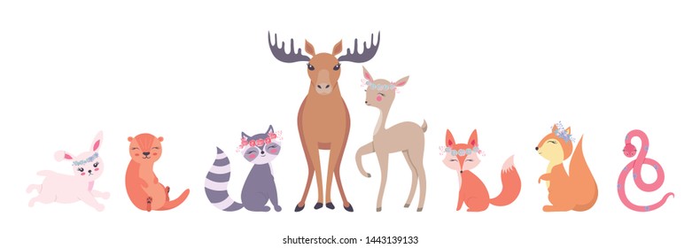 Autumn woodland characters - fox, raccoon, rabbit, deer, moose, otter, snake and squirrel. Cute forest animals. Vector illustration