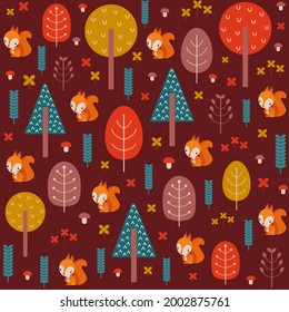 Autumn woodland cute pattern with trees plant motif and a little squirrel. Fall season repeat design tile. Playful whimsical seamless design for textile fabric print, wrapping paper, wallpaper.