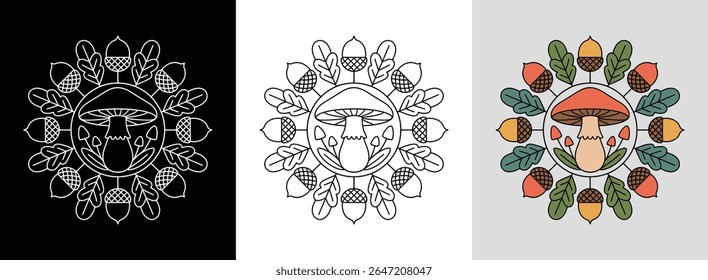 Mandala de floresta de outono com cogumelos, folhas e cores de floresta brilhante para decoração natural.