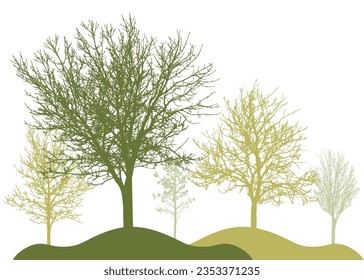 Autumn woodland, silhouette of bare trees. Nature, landscape. Vector illustration