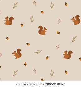 Autumn Woodland Squirrel Seamless Pattern with Acorns, Botanical Foliage and Rustic Harvest Design