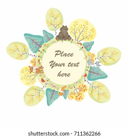 The autumn woods and cute animals in cartoon style. Vector decorative frame.