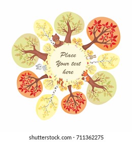 The autumn woods and cute animals in cartoon style. Vector decorative frame.