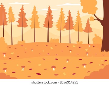 Autumn woods flat color vector illustration. Seasonal landscape with growing mushrooms. Panoramic autumnal countryside. Fall forest 2D cartoon landscape with no people on background