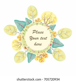 The autumn woods. Trees, plants and mushrooms in cartoon style. Vector decorative frame.