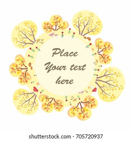 The autumn woods. Trees, plants and mushrooms in cartoon style. Vector decorative frame.
