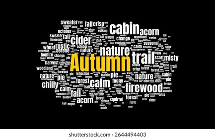 Autumn Word Cloud with Cozy and Nature-Themed Keywords. Suitable for Seasonal Theme.
