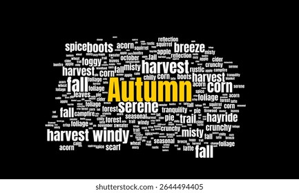 Autumn Word Cloud with Cozy and Nature-Themed Keywords. Suitable for Seasonal Theme.