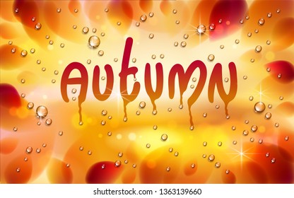 Autumn word drawn on a window, yellow and red leaves and water rain drops or condensate macro, vector 3d realistic transparent illustration, fall nature beautiful art.