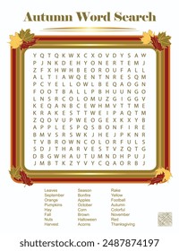 Autumn Word Search Puzzle with Answers, Party Game, Pub Board Game, Fun Activity, Kids and Adults, Promo, Promotion, Invitation, Illustration, Entertainment, Gift, Educational, Home Schooling