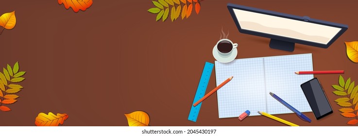 Autumn at work. Office mood. Yellow leaves. The concept of remote lesson or remote work in quarantine. Web banner, digital poster or flyer for e-broadcast, webinar lectures, courses. Vector 2021 