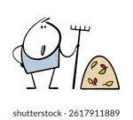 Autumn work. Vector illustration of a stickman with a rake collecting dry leaves and grass in a stack. Cartoon farmer or gardener character isolated on white background.