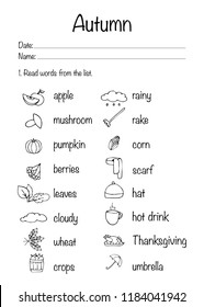 Autumn worksheet. Vector illustration. Printable page.