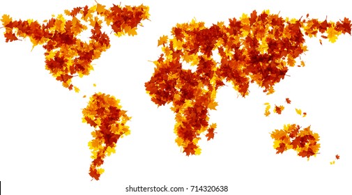 Autumn world map silhouette from golden leaves. Vector illustration.