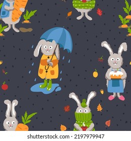 Autumn Worries Of A Cute Rabbit. Seamless Pattern. Children's Illustration