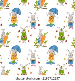 Autumn Worries Of A Cute Rabbit. Seamless Pattern. Children's Illustration