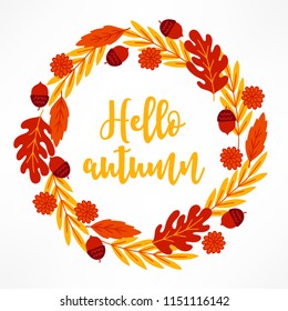Autumn wreath with acorns, flowers, oak leaves on white background. Perfect for Thanksgiving Day invitation and holiday greeting cards.