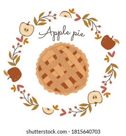 Autumn wreath and apple pie isolate on white background. Vector graphics.