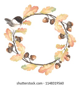 Autumn wreath with bird Black-capped Chickadee, acorns, oak branches and leaves. Vector illustration in vintage watercolor style.
