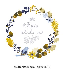 Autumn Wreath With Bird, Flowers, Leaves Oak, Acorns, Branches And Poppies, Vector Floral Illustration.