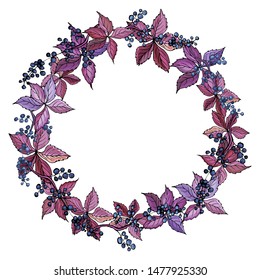 Autumn wreath with blue wild grope and purple leaves. Round frame for your design, posters, banners, greeting cards. Vector.