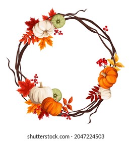 Autumn wreath border with pumpkins, colorful autumn leaves, and rowanberries. Vector greeting card or background frame.