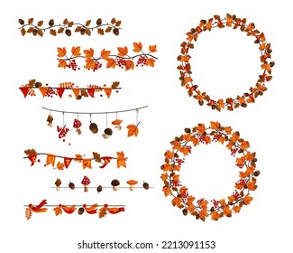 Autumn wreath and border set. Vector illustrations of fall frames. Cartoon garlands with maple leaves, flags and mushrooms, foliage and sprigs with acorns isolated on white. Thanksgiving decor concept