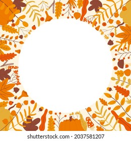 Autumn wreath, circle border frame with floral leaf garland vector illustration. Cartoon round template decoration with fall plants, yellow nature leaves, forest mushrooms, pumpkin acorn background