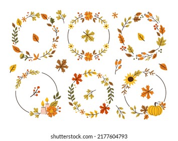 Autumn wreath collection. Six seasonal floral decorative wreaths, perfect for bullet journals and frames. Isolated vector elements.