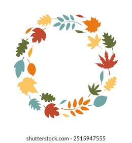 Autumn wreath of colorful leaves for harvest festival and Thanksgivings day template. Round border, frame. for banners and postcards. Flat vector illustration