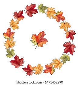 Autumn wreath with colorful maple leaves. Round frame for your design, posters, banners, greeting cards. Vector illustration.