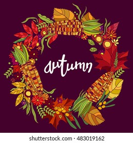 autumn wreath with corn on violet background