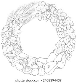 Autumn wreath decorative border with sunflowers, pears and mushrooms.Black and white. Art therapy Coloring page. Vector illustration