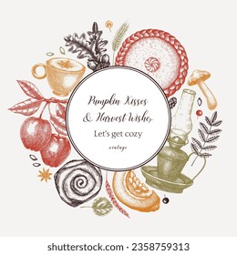 Autumn wreath design template. Hand-drawn vector illustration. Pumpkin, hot drink, fruit, pie, pastry, fall leaves sketches. Fall card or invitation. Thanksgiving background