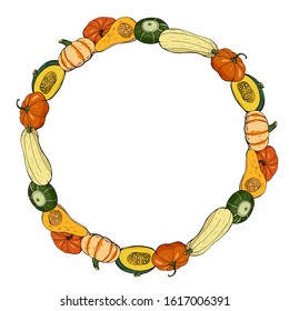 Autumn wreath with different hand drawn squashes. Round frame with various pumpkins for your design