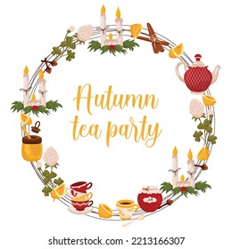Autumn wreath with elements for tea party, Christmas candles, honey and lemon with space for text. Vector illustration isolated white background.