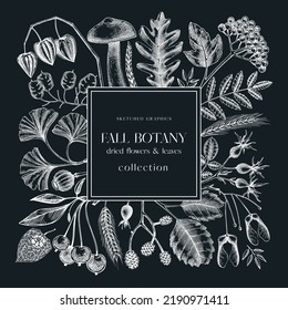 Autumn wreath with fall leaves and dried flowers. Thanksgiving banner design. Fall card or invitation. Sketched dried herbs, falling leaves, mushrooms, seeds frame. Black and white vector illustration