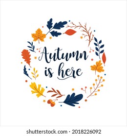 Autumn wreath with falling leaves, berries, acorns, fall floral elements and inscription "Autumn is here". Background for fall season. Vector illustration isolated on white. Thanksgiving invitation