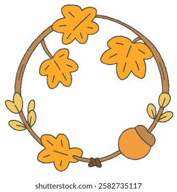 An autumn wreath featuring golden leaves, acorns, and wheat stems, ideal for fall journaling pages and seasonal decorations.