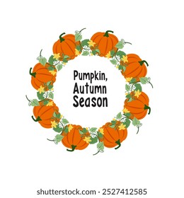 Autumn wreath with flowers, branches and pumpkin on a white background.