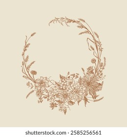 Autumn wreath with flowers and cereals. Engraving style. Vector botanical illustration.