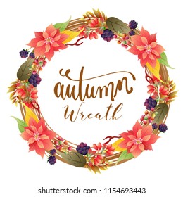 autumn wreath foliage with poinsettia mulberry