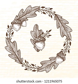 Autumn wreath of forest elements. Leaves, acorns, branches and berries.